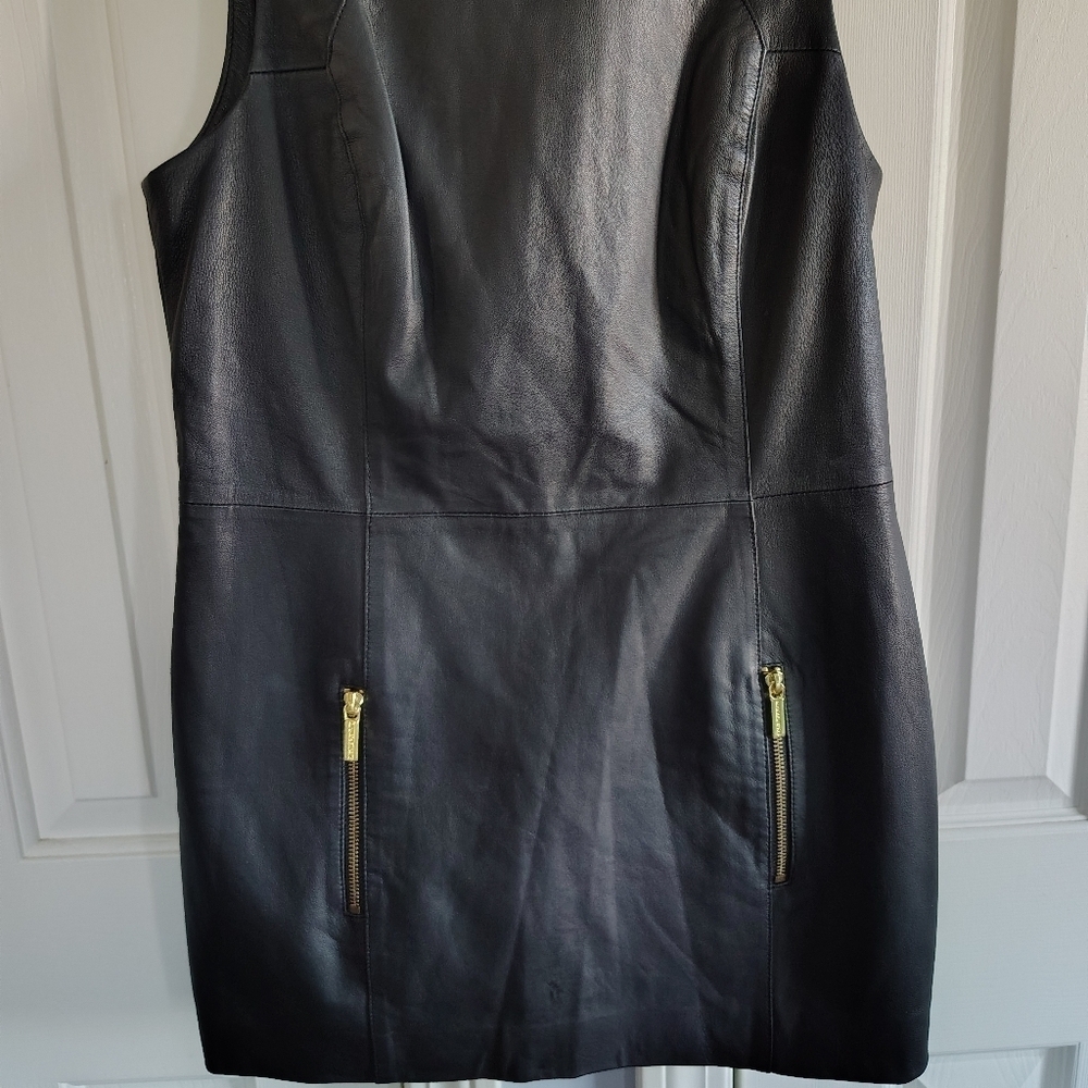 Michael Kors Faux Leather Black Mini Dress w Gold Zippers 8 - Picture 3 of 9